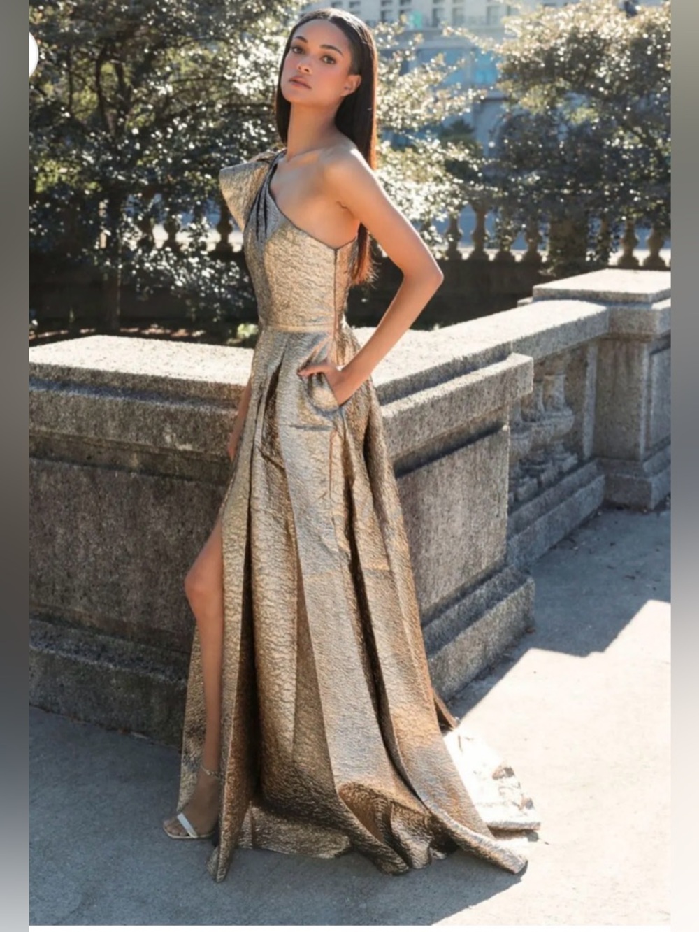 One-Shoulder Metallic Bronze Evening Gown - Picture 3 of 7